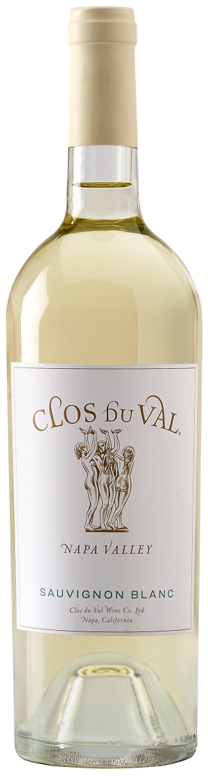 Bottle of Clos du Val Sauvignon Blanc wine with a white label on a white background