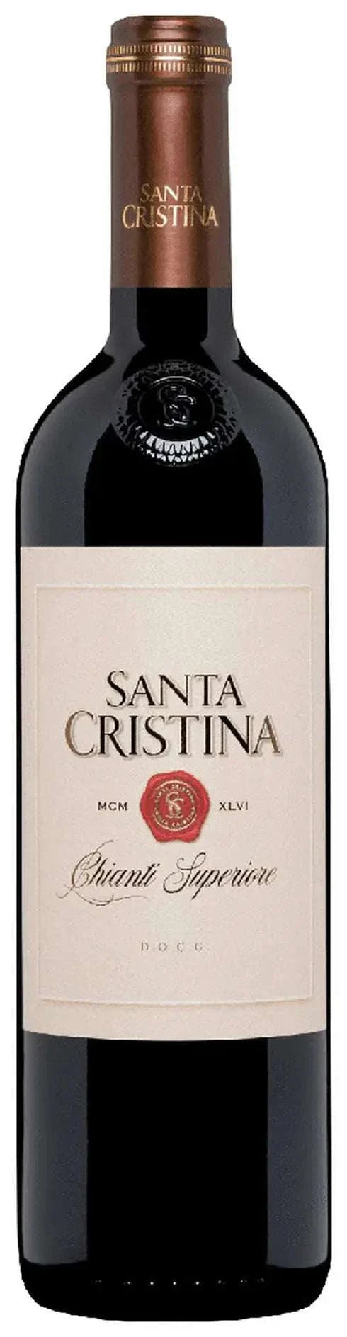 Santa Cristina Chianti Superiore 750 ML bottle of Tuscan red wine with cherry, red berries, and spice notes