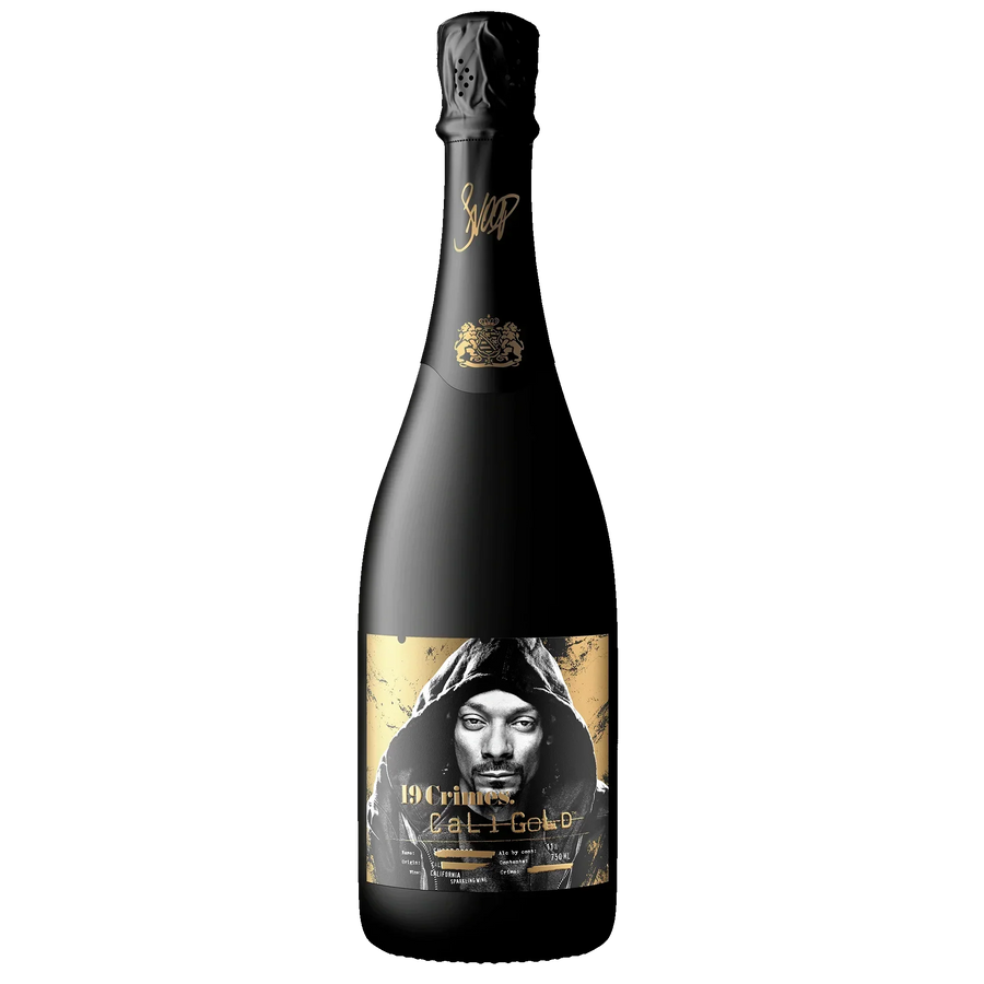 19 Crimes Sparkling Cali Gold 750ml bottle with black and gold label featuring bold portrait design sparkling wine from California