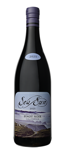 Bottle of Sea Sun 2023 Pinot Noir wine on a white background