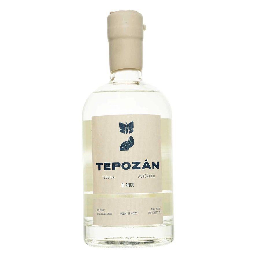 Tepozan Tequila Blanco 80 750 ML bottle showcasing clear, premium unaged tequila made from 100% Blue Weber agave with bright citrus and herbal notes