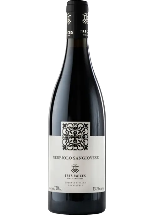 Bottle of Tres Raices Nebbiolo Sangiovese Blend 750 ML red wine showcasing vibrant Italian-style blend with rich cherry and plum notes