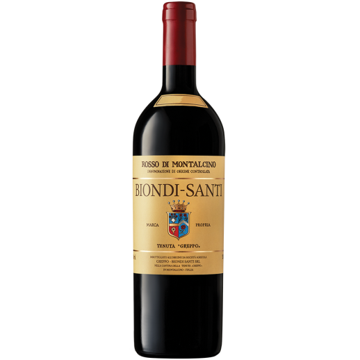 Bottle of Biondi-Santi Rosso di Montalcino 2021 Italian red wine with Sangiovese grapes and Tuscan heritage