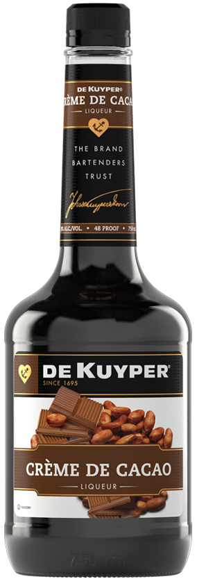 Dekuyper Creme De Cacao Dark 750ML bottle with rich chocolate liqueur for cocktails and desserts