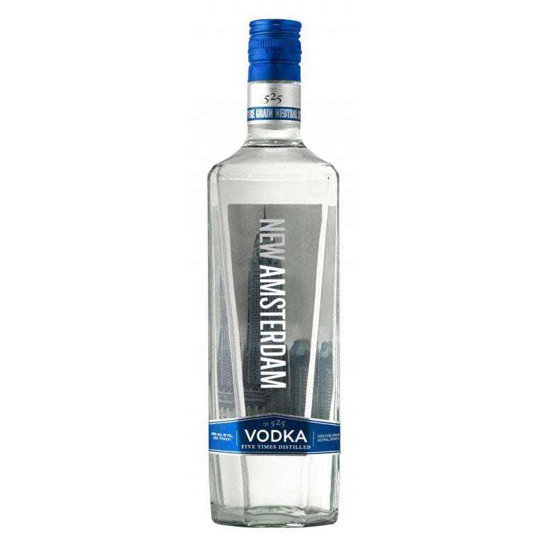 New Amsterdam Vodka 80 Proof 750 ML bottle with blue cap and label, featuring five times distilled premium quality.