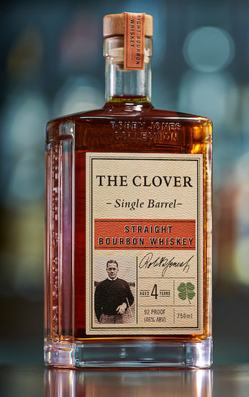 The Clover Whiskey 4 Year Old Single Barrel Straight Bourbon Whiskey 750 ML bottle, rich bourbon with oak, caramel, and vanilla notes.