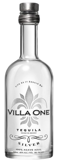 Villa One Silver Tequila 750ml bottle with silver accents and agave design.