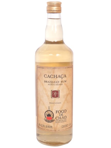 Fogo de Chao Cachaca Gold 1 L bottle aged in oak and balsam barrels.