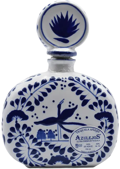 Azulejos Talavera Anejo 750 ML bottle with blue agave design and Talavera style ceramic decoration
