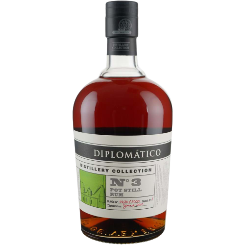 Diplomatico Collection No 3 Pot Still Rum bottle, highlighting its amber color and detailed label.