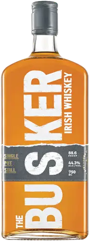 The Busker Single Pot Still Traditional Irish Whiskey 750 ML bottle with amber whiskey and bold label