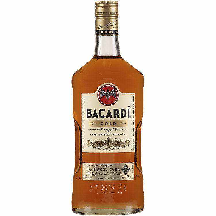 Bacardi Gold Rum 80 1.75 L bottle with rich amber hue.