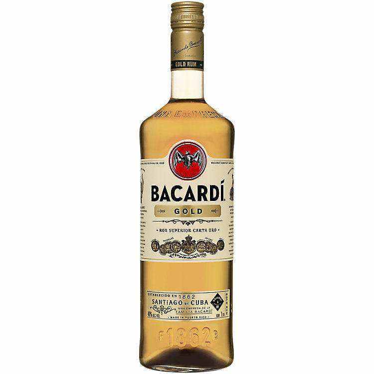 Bacardi Gold Rum 80 1L bottle with rich amber hue.