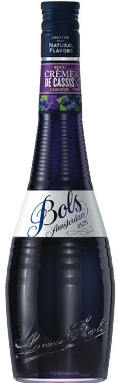 Bols Creme De Cassis Liqueur 34 blackcurrant liqueur bottle with purple label and dark red liquid