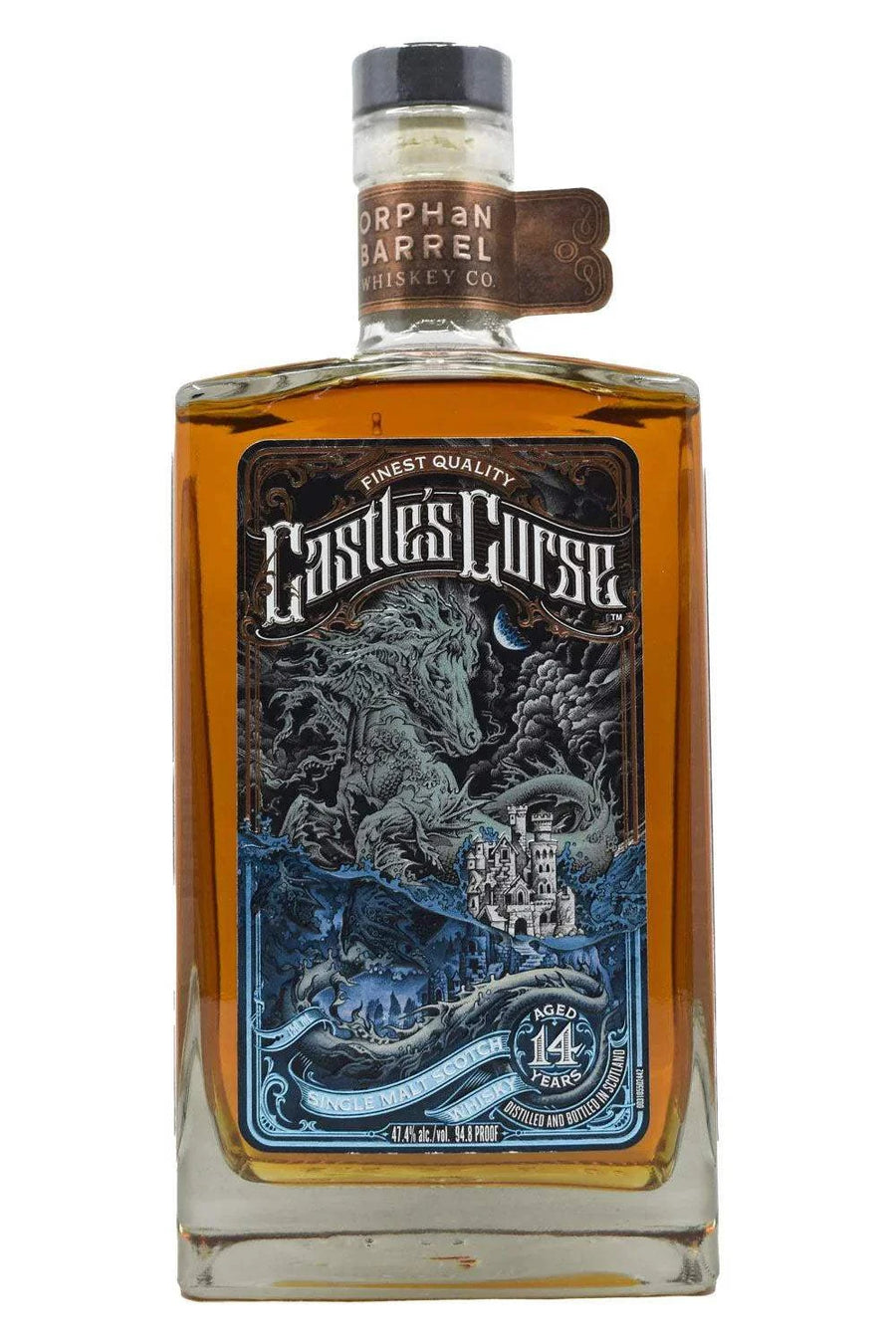 Orphan Barrel Castle's Curse 14 Year Single Malt Whisky 750 ML bottle with wooden background