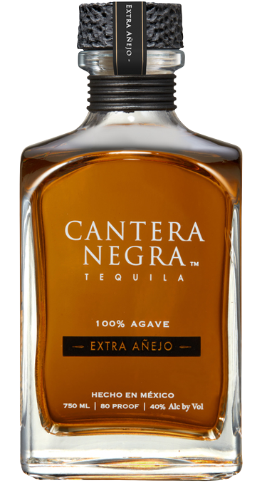 Cantera Negra Tequila Extra Anejo 750ml bottle with amber aged tequila and black cap