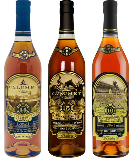 Calumet Farm Straight Bourbon Whiskey combo pack, featuring 14, 15, and 16-year-old Kentucky bourbon bottles, showcasing deep amber to copper hues.
