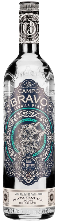 Campo Bravo Plata Tequila 100% De Agave 1.75L clear bottle with ornate blue and silver label