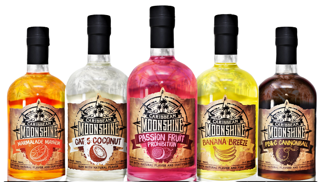 Caribbean Moonshine Rum combo with five 750ml bottles featuring Marmalade Mayhem, Cat & Coconut, Passion Fruit Prohibition, Banana Breeze, and PB&C Cannonball flavors
