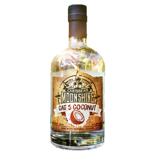 Caribbean Moonshine Cat 5 Coconut Rum 750ml bottle with tropical coconut flavor label