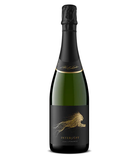 Charles Woodson's Intercept Cremant de Bourgogne 750ml French sparkling wine bottle with black label and gold lion design