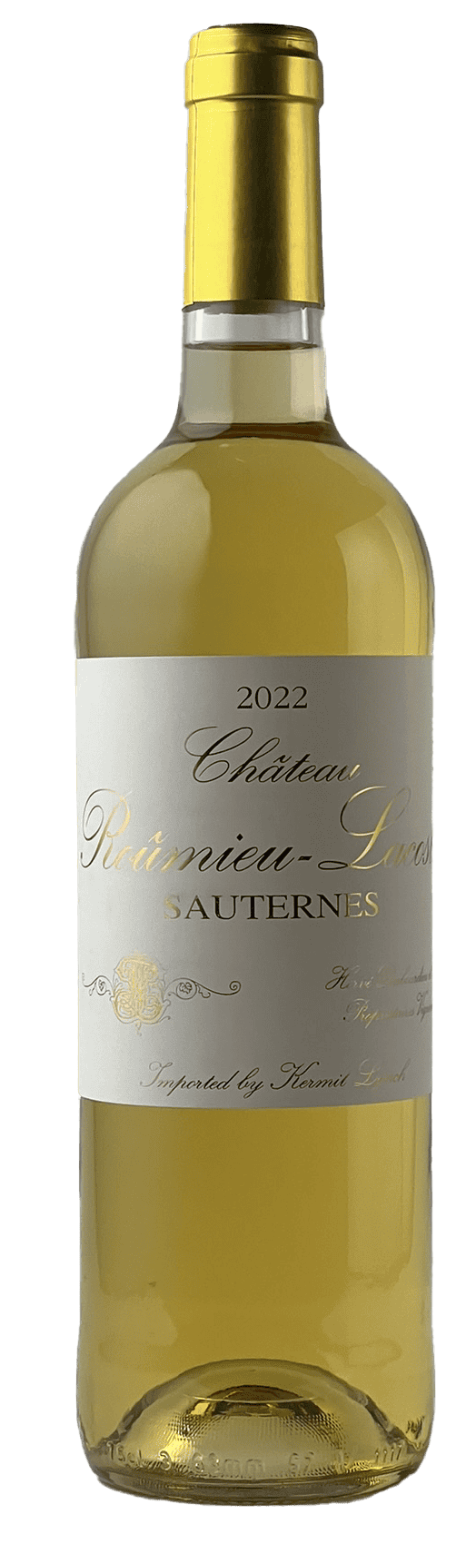 Bottle of Chateau Roumieu Lacoste Sauternes 2023 750 ML dessert wine with golden label