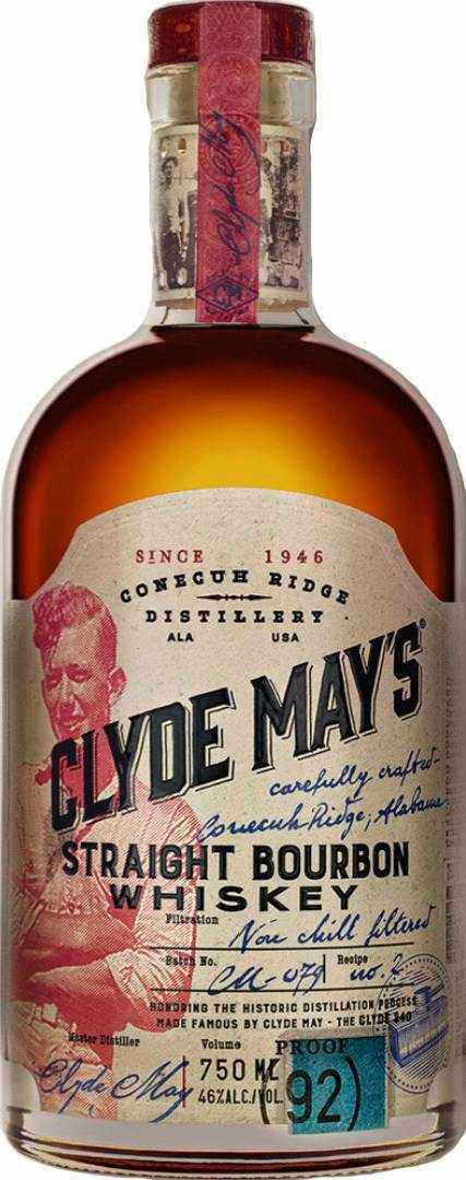 Clyde Mays Straight Bourbon Whiskey 750 ML bottle with rich crimson hue and detailed label.