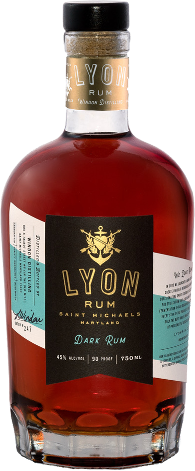 Lyon Dark Rum 750 ML bottle, bold and rich American rum in glass bottle.