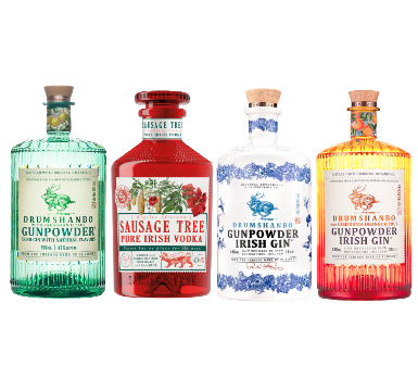 Drumshanbo Gunpowder Irish Gin and Sausage Tree Irish Vodka combo pack with four 750ml bottles showcasing premium Irish spirits