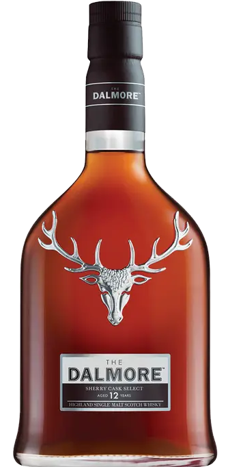 Dalmore 12 Years Old Sherry Cask Select Highland Single Malt Scotch Whisky 750ML bottle with rich amber color and stag emblem