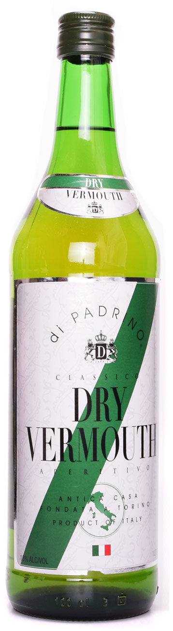 Di Padrino Dry Vermouth 750 ML bottle with green label and pale yellow liquid.