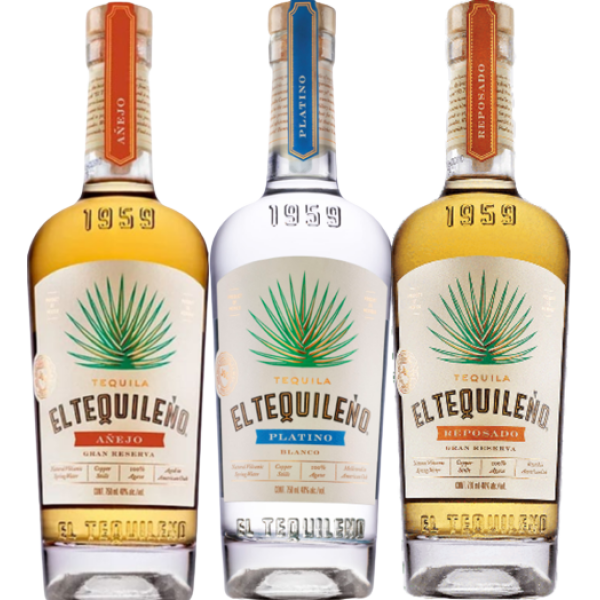 El Tequileno Tequila Combo 750ml bottles: Anejo, Platino Blanco, Reposado.