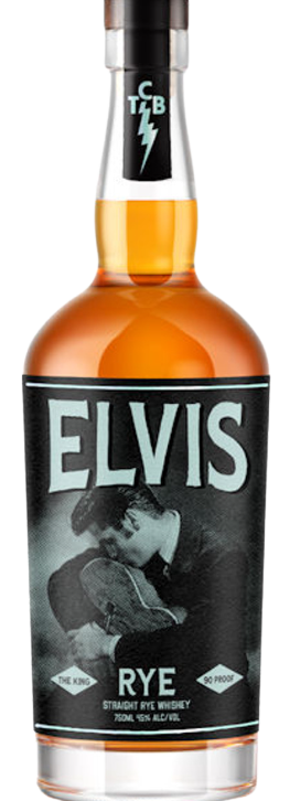 Elvis The King Straight Rye Whiskey 750 ML bottle with amber whiskey and black label featuring Elvis Presley image