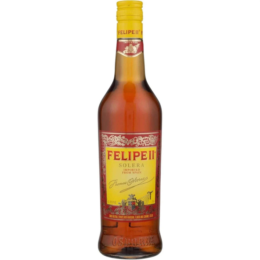Felipe II Brandy De Jerez Solera 80 750 ML bottle with rich amber color and traditional Spanish label