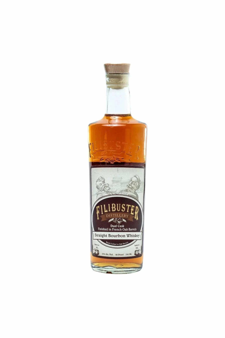 Filibuster Dual Cask Finished Straight Bourbon Whiskey 750 ML bottle on white background.