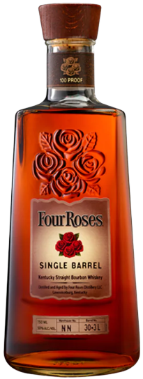 Four Roses Single Barrel Kentucky Straight Bourbon Whiskey bottle with rose design.