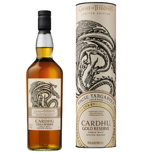Game of Thrones House Cardhu Targaryen Gold Reserve Single Malt Scotch Whisky 750ml bottle and packaging with dragon design