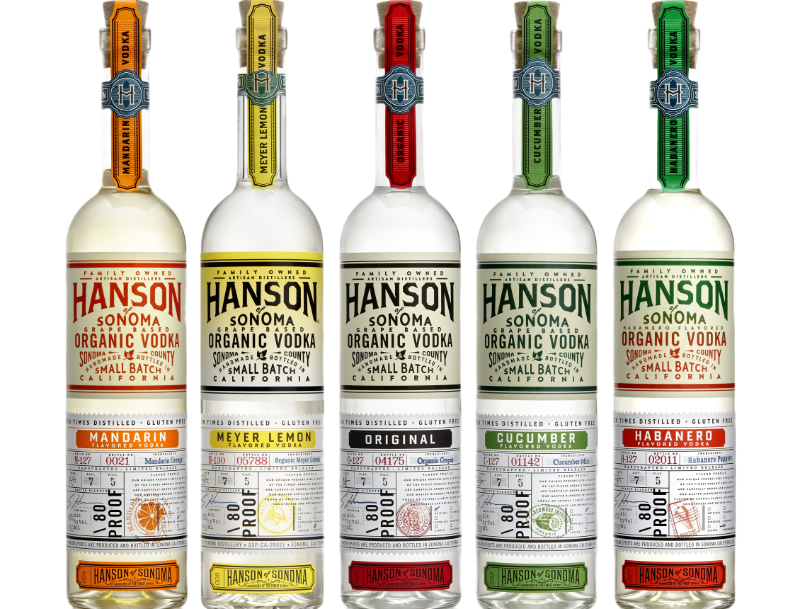 Five bottles of Hanson of Sonoma Flavored Vodka 80 proof in mandarin, meyer lemon, original, cucumber, and habanero flavors