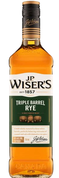 J.P. Wisers Canadian Whisky Triple Barrel Rye 750 ML bottle with green label displaying whisky blend details.