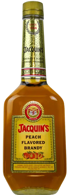 Jacquins Peach Brandy 750 ML bottle with peach flavored brandy and gold label
