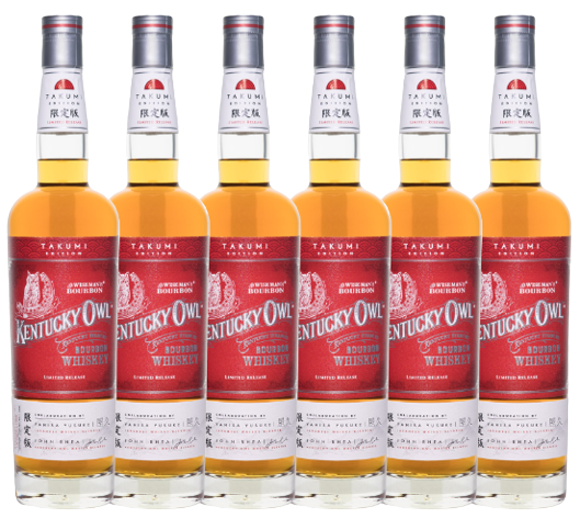 Six bottles of Kentucky Owl Takumi Edition Bourbon 750 ML with red labels and silver caps.