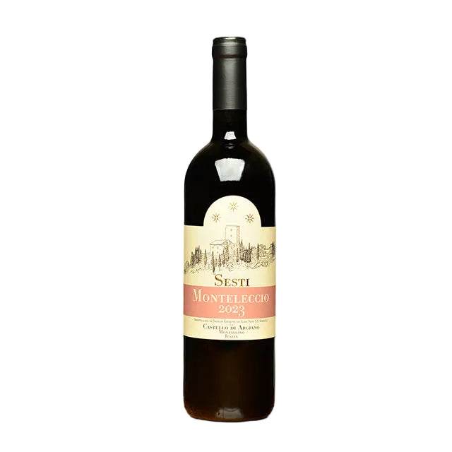 Bottle of Sesti Toscana Rosso Monteleccio 2023 Italian red wine with Tuscan style and vibrant red fruit notes