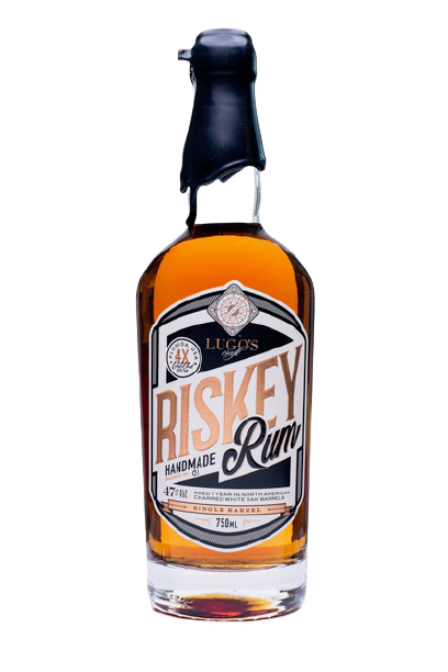 Lugo's Craft Riskey Handmade Rum 750 ML bottle with label displaying its bourbon-like vanilla, caramel, and oak notes.