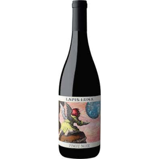 Lapis Luna Pinot Noir 750 ML California red wine bottle with artistic label showing a winged figure reaching toward a blue orb
