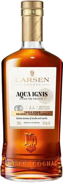Larsen Cognac Aqua Ignis 750 ML bottle with French oak barrels and toasted mocha notes.
