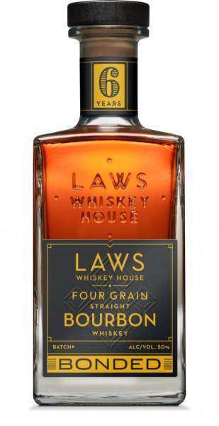 Laws Whiskey House 6 Years Old Four Grain Straight Bonded Bourbon Whiskey 750 ML bottle with label and amber bourbon inside