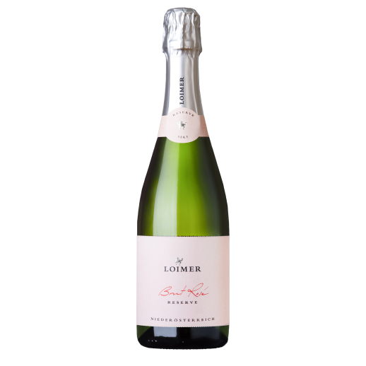 Loimer Extra Brut Reserve Rose 750ml sparkling wine bottle with elegant pink label and silver foil top.