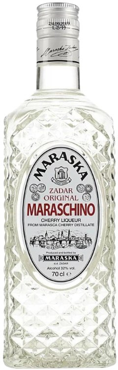 Maraska Maraschino Original Cherry Liqueur 1L bottle with intricate diamond pattern and clear liquid inside