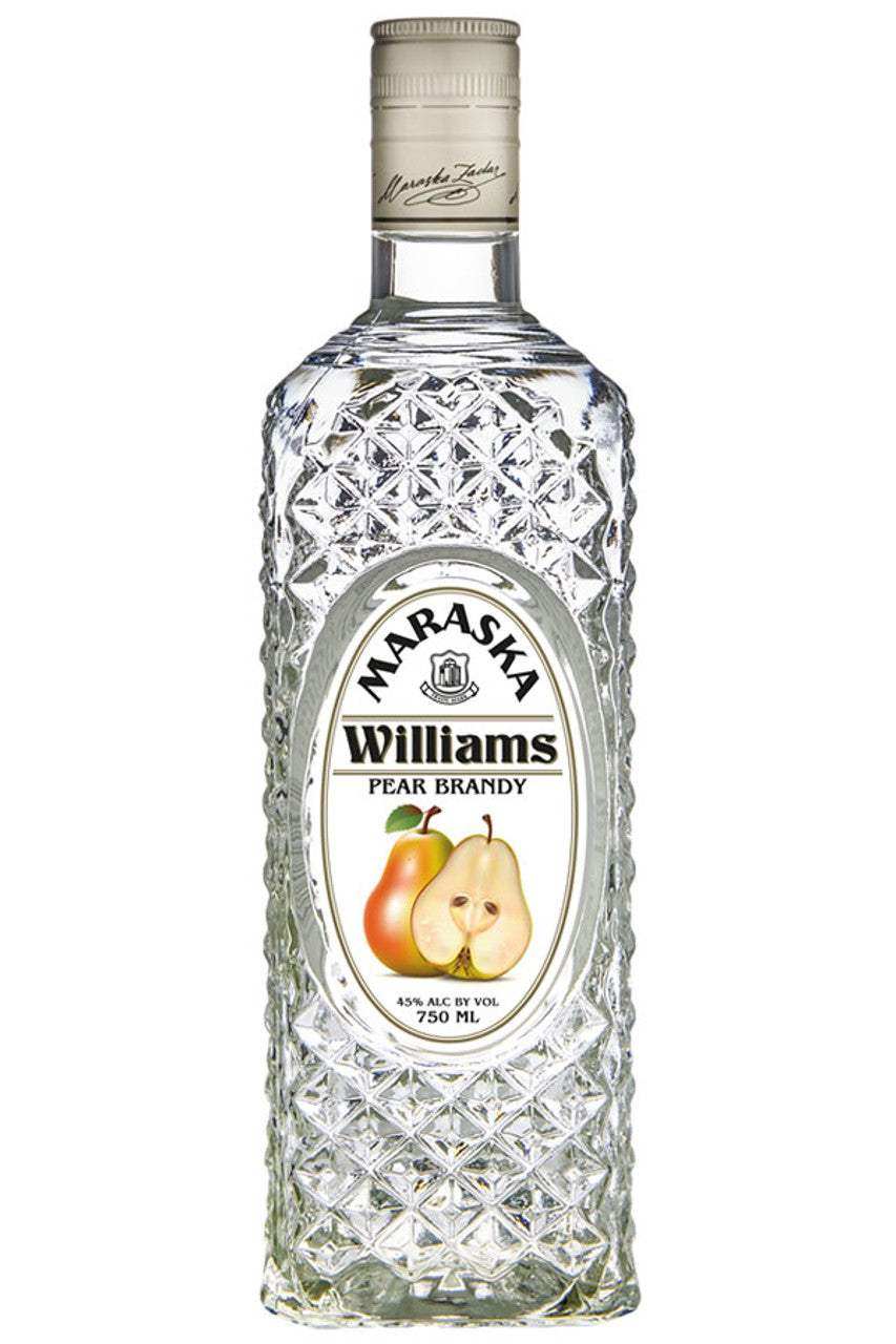 Maraska Williams Pear Brandy 750ml bottle with pear illustration and textured glass design