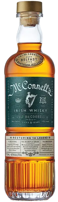 Mcconnells Irish Whiskey 750 ML bottle with green label and gold cap.